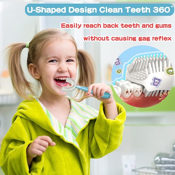 YOTEE U-Shaped Toothbrush Kids 2 PCS - Toddler Toothbrush with Food Grade Soft Silicone Brush Head, Manual Whole Mouth Toothbrush for Kids Age 6-12(Blue+Pink), 360° Oral Teeth Cleaning