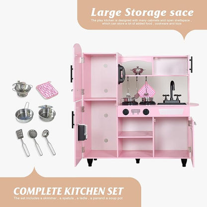TaoHFE Play Kitchen, Pink Kids Kitchen Set for Girls Kitchen Set for Kids Ages 6-8 Gift Toddler Kitchen Set for Kids Age 3+ Kids Kitchen Playset with Lights & Sounds Wooden Toy Kitchen Playset Gift