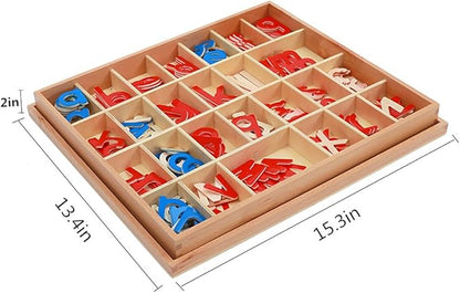 Montessori Letter Work Learning Materials Wooden Small moveable Alphabet Language Objects with Box (Red & Blue)