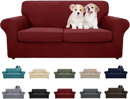 MAXIJIN 3 Piece Stretch Couch Covers for 2 Cushion Couch Sofa Slipcovers with 2 Extra Large Seat Cushion Couch Jacquard Loveseat Sofa Couch Cover for Dogs (2 Cushion Sofa, Wine Red)