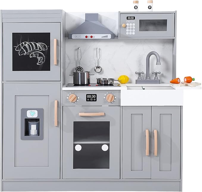 Play Kitchen for Kids, Wooden Play Kitchen with Toy Storage System, Toy Kitchen Set with Plenty of Play Features, Gift for Ages 3+,Grey