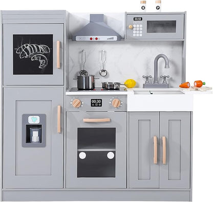 Play Kitchen for Kids, Wooden Play Kitchen with Toy Storage System, Toy Kitchen Set with Plenty of Play Features, Gift for Ages 3+,Grey