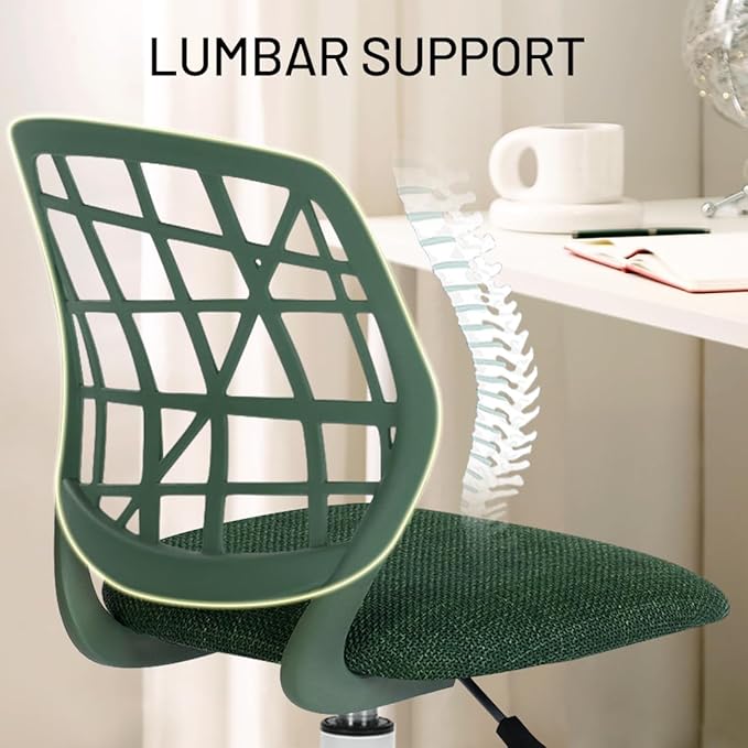 Kids Desk Chair, Fabric Office Chair Armless Small Mid Back Swivel Children Computer Task Chair Ergonomic Height Adjustable Study Chairs with Swivel Padded Cushion and Rolling Wheels, Dark Green