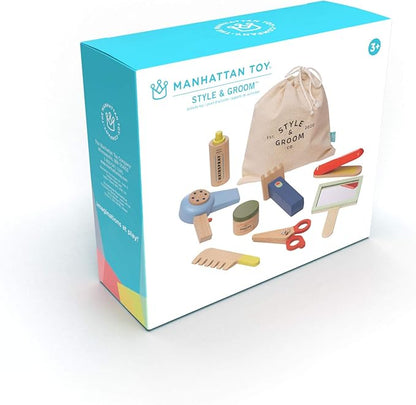 Manhattan Toy Style & Groom 9 Piece Wooden Toddler & Kids Pretend Play Hair Styling & Grooming Kit