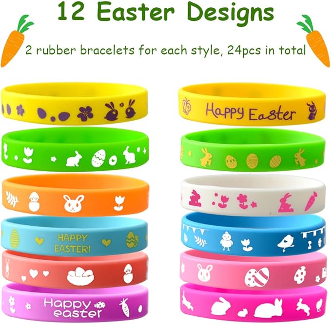48Pcs Easter Party Favors Easter Slap Bracelets Rubber Wristbands Assorted Easter Egg Fillers Gifts for Kids Girls Boys Easter Basket Stuffers
