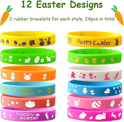 48Pcs Easter Party Favors Easter Slap Bracelets Rubber Wristbands Assorted Easter Egg Fillers Gifts for Kids Girls Boys Easter Basket Stuffers
