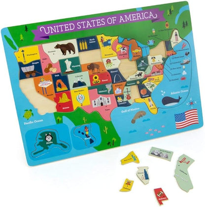 Imagination Generation USA States Chunky Puzzle Board - Learn All 50 States with Professor Poplar's Wooden Pegged Puzzles - Children's Educational Toys - USA States