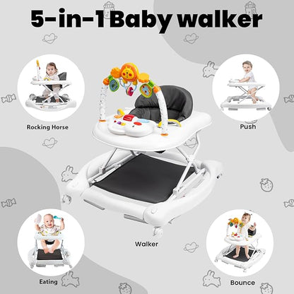 Boyro Baby 5-in-1 Baby Walker, Baby Walkers for Boys Girls 6-18 Months, Foldable Activity Walker, Toddler Infant Walker with Bouncer, Adjustable Height, Removable Footrest, Feeding Tray, Music