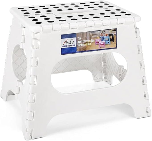 Acko Folding Step Stool Lightweight Plastic Step Stool - 11 inch Foldable Step Stool for Adults,Non Slip Folding Stools for Kitchen Bathroom Bedroom White
