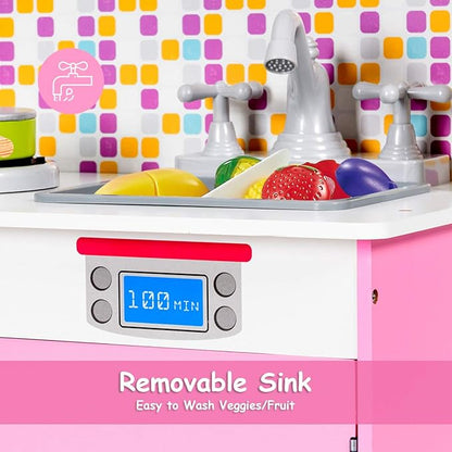 Costzon Kids Kitchen Playset, Wooden Pretend Chef Cooking Toy Kitchen with Realistic Sound, Microwave, Sink, Cookware Accessories, Pink Play Kitchen for Toddlers, Girls, Gift for Ages 3+