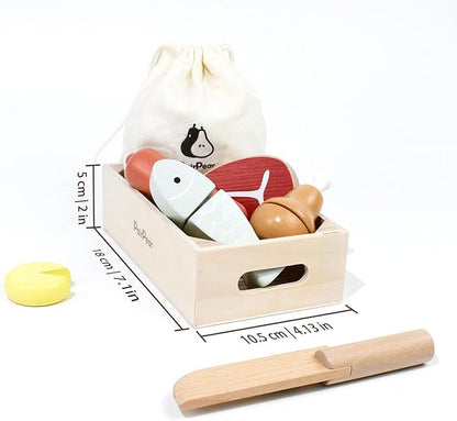 PairPear Wooden Play Food Cutting Meat Set - Wooden Toys for Toddlers Toy Food Play Kitchen Accessories