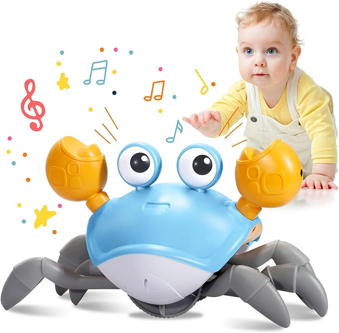 Plnmlls Crawling Crab Baby Toy - Tummy Time Toys-with Music and LED Light,Walking Crab Toy for 0-6 6-12 12-18 36 Months Walking Toddler Birthday Gift(Azure）