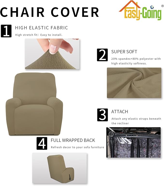 Easy-Going 4 Pieces Microfiber Stretch Recliner Slipcover – Spandex Soft Fitted Sofa Couch Cover, Washable Furniture Protector with Elastic Bottom for Kids, Pet(Recliner, Dark Linen)