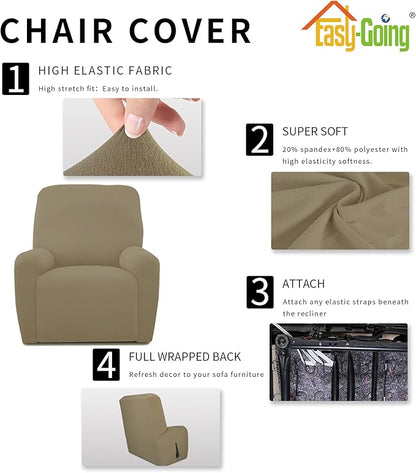 Easy-Going 4 Pieces Microfiber Stretch Recliner Slipcover – Spandex Soft Fitted Sofa Couch Cover, Washable Furniture Protector with Elastic Bottom for Kids, Pet(Recliner, Dark Linen)