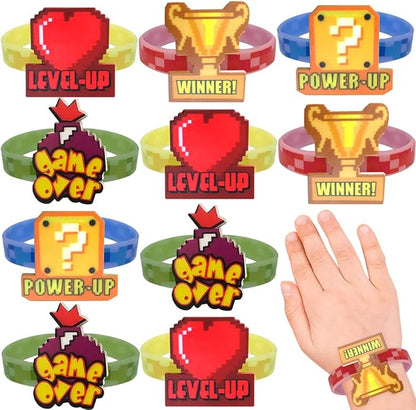 ArtCreativity Power Up Rubber Bracelets for Kids, Set of 12, Colorful Stretchy Rubber Wristbands with Classic Video Game Icons, Fun Birthday Party Favors, Goodie Bag Fillers, Carnival Prize