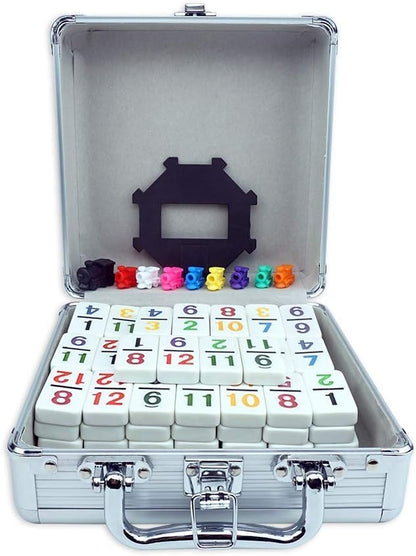 Mexican Train Dominoes Set with Numbers - Double 12 Colored Number Dominoes - Includes 91 Tiles with 9 Trains, Plastic Pieces and Aluminum Case for 2-8 Players Ages 8+