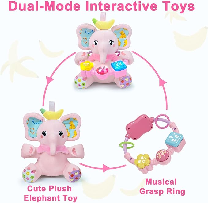 Holaxander Baby Elephant Musical Stuffed Animals Toy with Light-Up Music & Crinkle Sound Paper,Infant Bilingual Early Learning Education Toys,Tummy Time Toys for 0-3-6-12+ Months Boy Girl, Pink