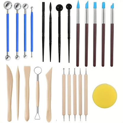 24Pcs Clay Sculpting Tool Set, Polymer Clay Kit with Ball Stylus Pens, Silicone Sculpting Brushes, Wooden Carving Tools & Smoothing Sponge, Professional Pottery Modeling Tools for Ceramic& DIY Crafts