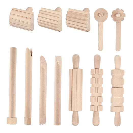 Garneck 12Pcs Clay Sculpting Tools Set Wooden Plasticine Molding Tools with Rolling Pins Stamps Modeling Accessories for Kids DIY Pottery and Handcrafts