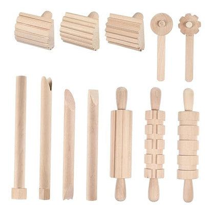 Garneck 12Pcs Clay Sculpting Tools Set Wooden Plasticine Molding Tools with Rolling Pins Stamps Modeling Accessories for Kids DIY Pottery and Handcrafts