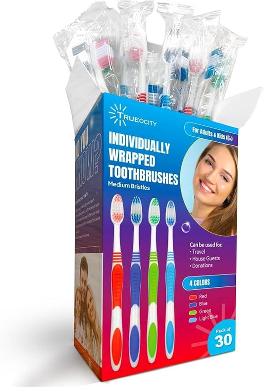 Toothbrushes Bulk Individually Wrapped - 30 Pack, Bulk Toothbrush, Medium BristleToothbrush, Individual Toothbrushes, Multi-Colored Toothbrushes Pack For Adults And Kids, Multi Pack Toothbrushes