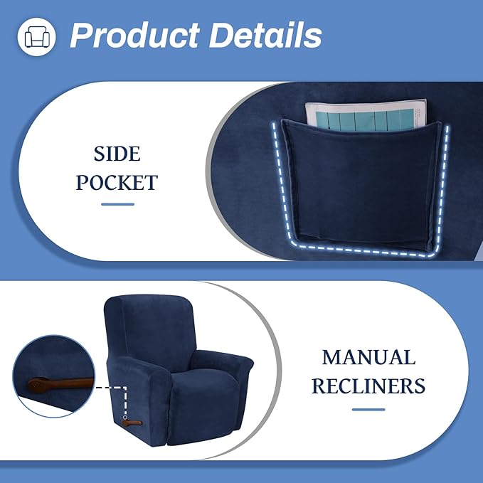 WEERRW Velvet High Stretch Recliner Chair Cover 1 Piece Recliner Couch Cover, Washable Furniture Protector with Non Slip Elastic Bottom for Kids and Pets, Navy Blue