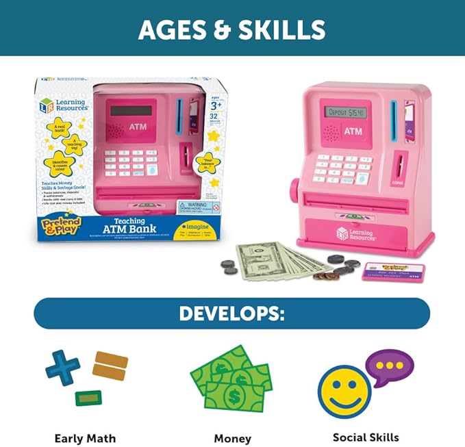 Learning Resources Teaching ATM Bank, Pink, 32 Pieces