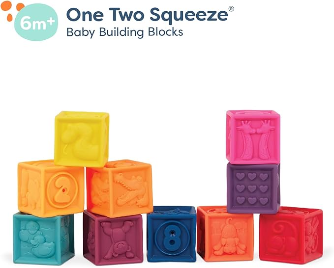 B. toys – Baby Blocks – Stacking & Building Toys For Babies – 10 Soft & Educational Blocks- Numbers, Shapes, Colors, Animals- One Two Squeeze- 6 Months +