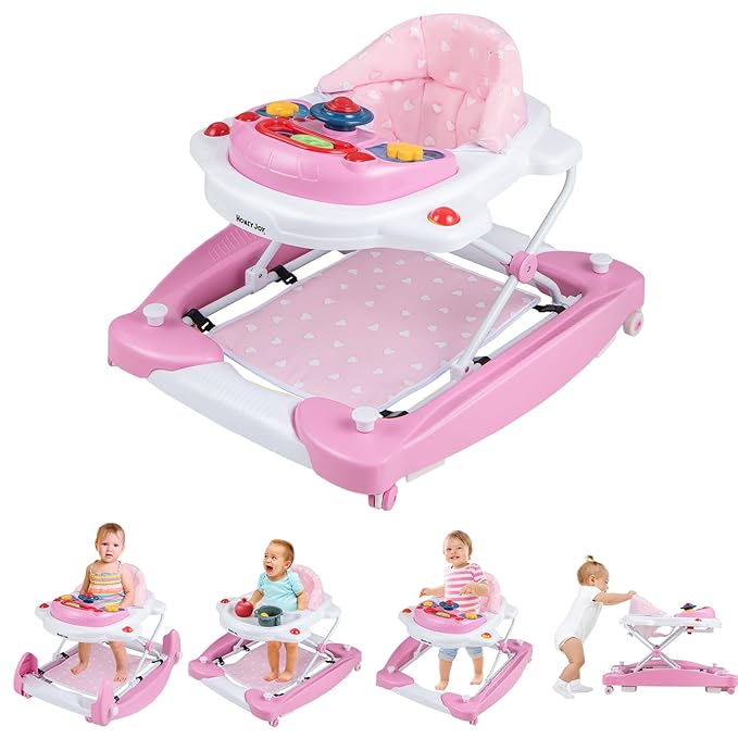 HONEY JOY Baby Walker, 6-in-1 Foldable Baby Walker and Bouncer Combo, Infant Activity Walker with Wheels, Adjustable Heights, Rocker, Music, Lights, Walker for Baby Boy Girl 7-14 Months