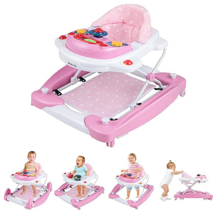 HONEY JOY Baby Walker, 6-in-1 Foldable Baby Walker and Bouncer Combo, Infant Activity Walker with Wheels, Adjustable Heights, Rocker, Music, Lights, Walker for Baby Boy Girl 7-14 Months