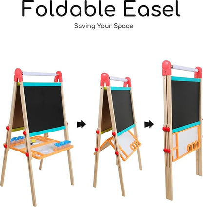 Beipoo All-in-One Art Easel for Kids, Double Sided Wooden Kids Easel, Art Easel for Painting, Toddler Art Easel, Kids Easel with Paper roll Art Easel for Kids Ages 2-4 4-8 8-12
