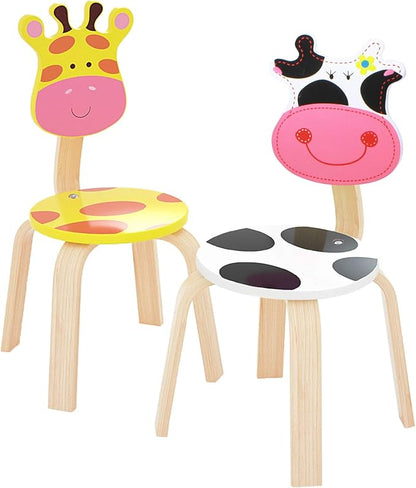 iPlay, iLearn 2 PCS Wooden Kids Chair Sets, Natural Hardwood Giraffe & Cow Animal Children Chairs, Furniture Set for Toddlers Kids Boys Girls, Stackable for Playroom, Nursery, Preschool, Kindergarten