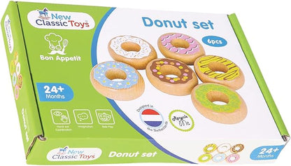 New Classic Toys 10629 Wooden Pretend Play Kids Donuts Set Cooking Simulation Educational Color Perception Toy for Preschool Age Toddlers Boys Girls
