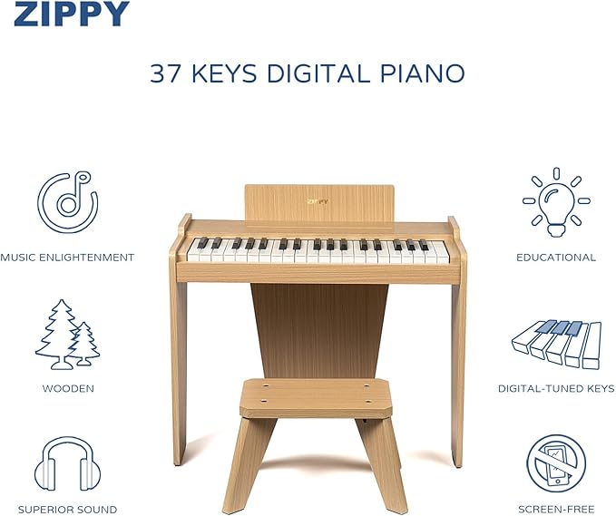 ZIPPY Kids Piano Keyboard, 37 Keys Digital Piano for Kids, Music Educational Instrument Toy, Wood Piano for 3+ Girls and Boys, Oak Basic