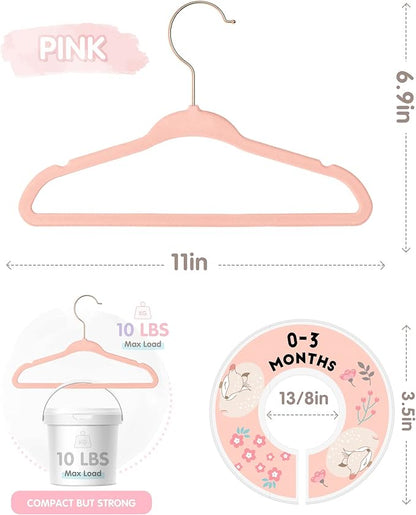 Baby Hangers, VIS'V 11 Inch Pink Velvet Kids Hangers with 6 Pcs Size Dividers Non Slip Nursery Children Closet Clothes Hangers for Infant Toddler Girls and Boys 50 Pcs