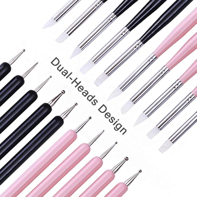 5pcs Nail Art Dotting Tools Pen Dual Head UV Gel Carving Pen Nail Silicone Brushes Set Pottery Clay Sculpting Modeling Painting Drawing Tool DIY Art Craft (Black)