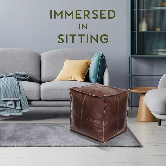 Louis Donné 18 inch Unstuffed Pouf Ottoman Faux Leather Pouffe Floor Chair Waterproof Foot Rest for Living Rooms Bedrooms & Kids Room or House Warming & Wedding Gifts (Brown Coffee, Square)Only Cover