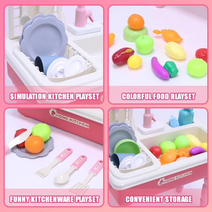 Play Kitchen Sink Toys with Running Water, Toddler Electric Dishwasher Playing Toy with Cutting Foods, 33 PCS Pretend Role Play Accessories Set, Learning Gift for Girls Boys (Pink)