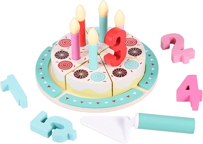 Birthday Cake Cutting Toys, Wooden Play Food Set for Kids Toddlers, Pretend Play Kitchen Toys for Boys Girls