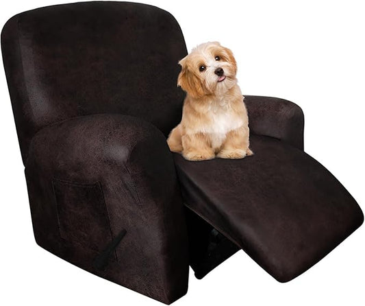 molasofa Recliner Chair Covers - 4 Pieces Leather Like Large Recliner Chair Covers with Pocket Waterproof Non Slip Stretch Recliner Slipcover for Lazy Boy Recliner Chair Washable (Chocolate)