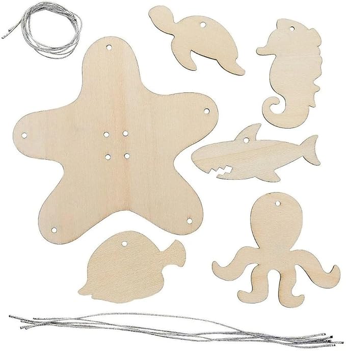 Fun Express DIY Wood Sealife Mobile CK-12 - Craft Kits - VBS Vacation Bible School Supplies/Decor - 12 Pieces