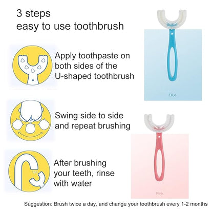 2 PCS U-Shaped Kids Toothbrush, Soft Manual Training Toothbrush for Kids 6-12 Years (Pink +Blue)