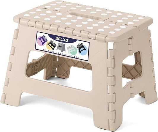 Delxo Folding Step Stool,9 Inch Lightweight Plastic Step Stool,Portable Collapsible Foldable Step Stool Non Slip Folding Stools for Kitchen Bathroom Bedroom in Khaki,1 Pack