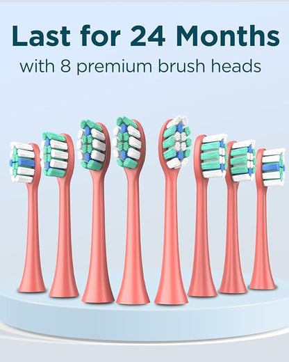 Rtauys M5 Sonic Electric Toothbrush for Adults and Kids - Rechargeable Electric Toothbrush Kids Ages 12+ and Adults with 8 Brush Heads & Travel Case, 120 Days Battery Life - Rosered