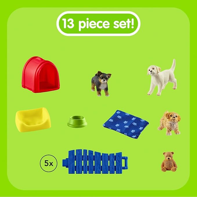 Schleich Farm World 13-Piece Puppy Pen Playset - Featuring 3 Cute Puppy Figurines and Accessories, Educational and Durable Toys, Fun and Imaginative Play for Boys and Girls, Gift for Kids Ages 3+