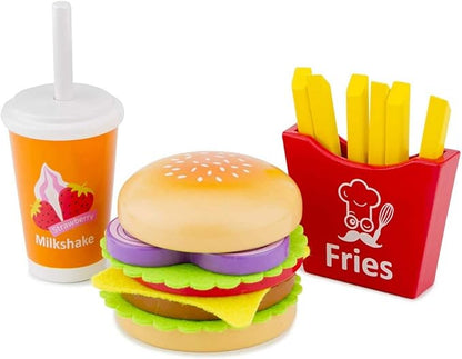 New Classic Toys Wooden Pretend Play Toy for Kids Fast Food Set Cooking Simulation Educational Toys and Color Perception Toy for Preschool Age Toddlers Boys Girls,Multi-Colour Colour