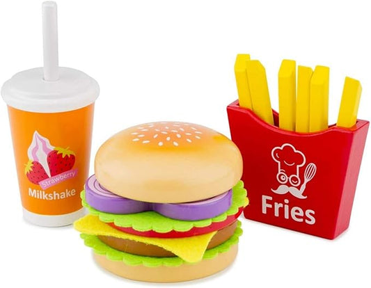 New Classic Toys Wooden Pretend Play Toy for Kids Fast Food Set Cooking Simulation Educational Toys and Color Perception Toy for Preschool Age Toddlers Boys Girls,Multi-Colour Colour
