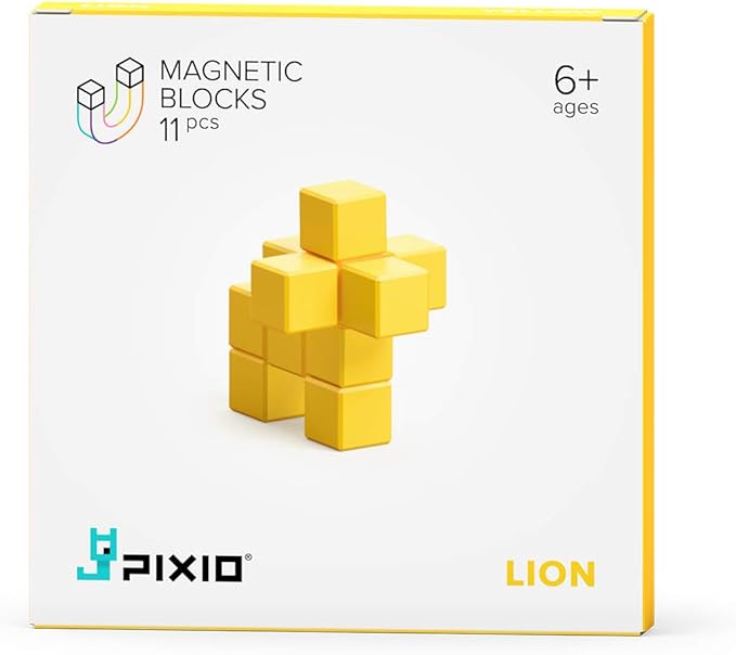 PIXIO Yellow Lion Color Series Magnetic Blocks Construction Set 11pcs with Free App, Stress Relief Building Blocks, Fidget Toys, Pixel Art Desk Toy, Animals Figures
