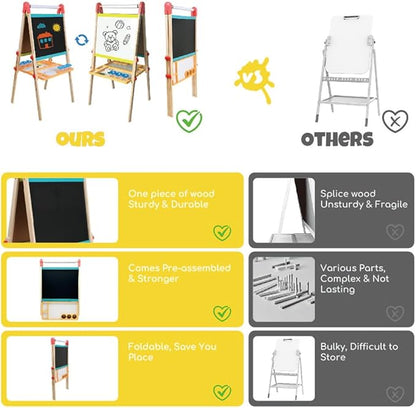 Kids Art Easel with Paper Roll, Art Easel Wooden Easel for Toddlers, Foldable Painting Easel for 2-12 Years Children, Height Adjustable Drawing Outdoor Easel