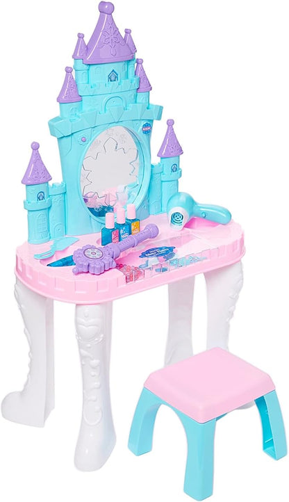 RBN Kids Snow Princess Vanity Beauty Dresser Table Play Set with Lights, Sounds, Chair, Fashion & Makeup Accessories for Kid and Pretend Play